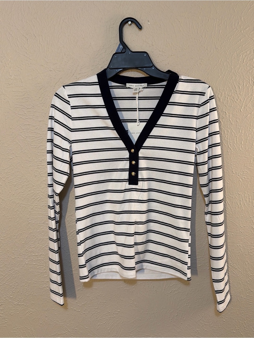 Striped V-Neck Long Sleeve Top in White and Navy